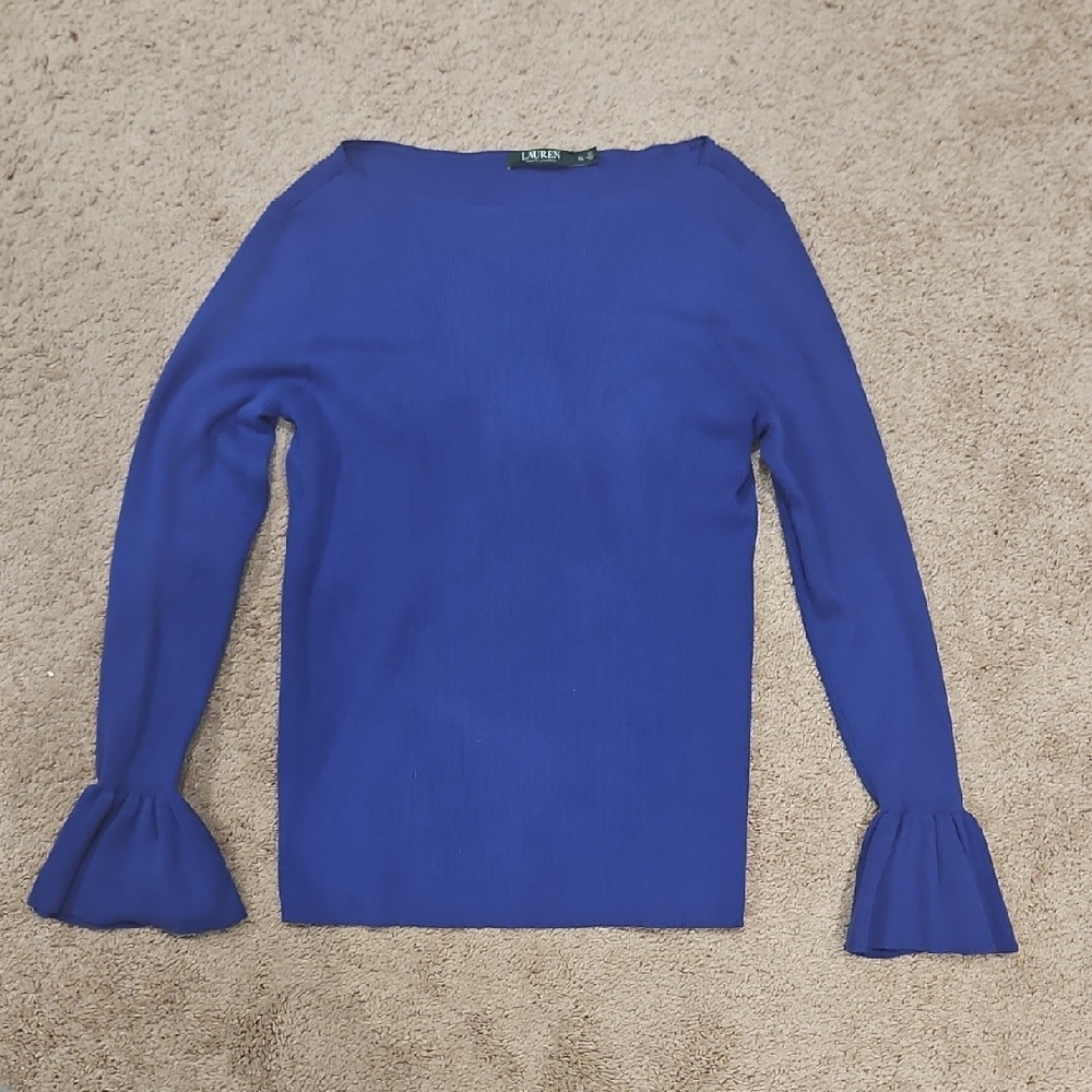 Lauren Ralph Lauren Ribbed Boat Neck Sweater with Bell Sleeves - Blue - Size XL